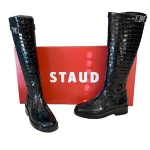 STAUD Black Croc Embossed Leather Claud Buckle Riding Boots Size 38